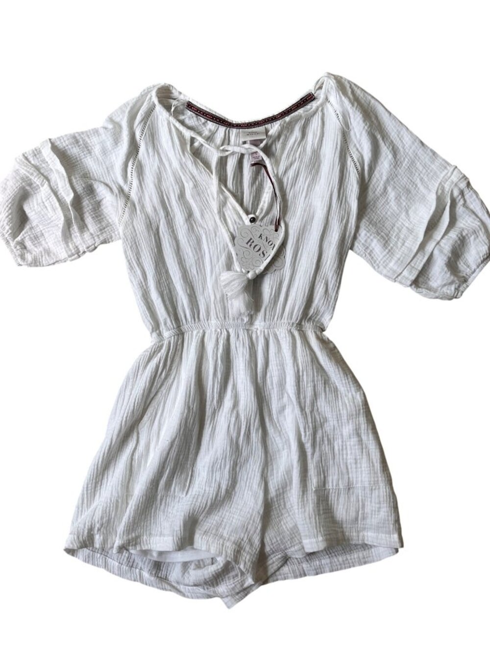 Knox Rose Gauzy Cotton Romper Shorts Womens Small White Boho-Chic Resort Beach